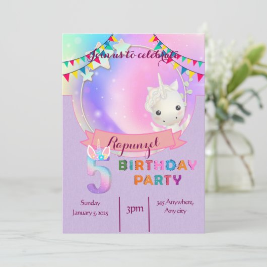 Whimsical Unicorn - Uitnodiging voor het 5e verjaa (Staand voorkant)