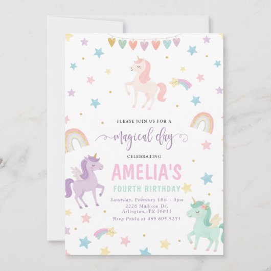 Whimsical Unicorn Verjaardag Uitnodiging (Voorkant)