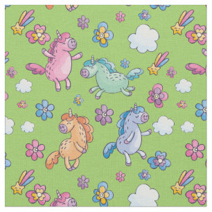 Whimsical Unicorns en Bright Flowers Stof