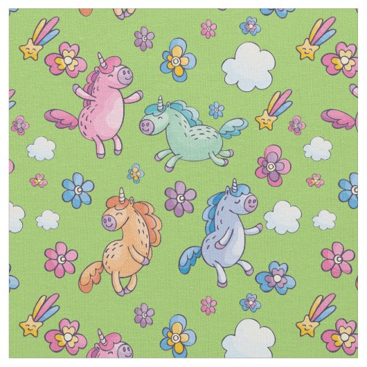 Whimsical Unicorns en Bright  Flowers Stof (Close Up)