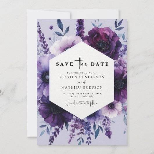 Whimsical Unique Paarse Bloemen Huwelijk Save The Date (Voorkant)