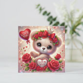 Whimsical Valentijn teddybeer met rood hart Feestdagenkaart (Staand voorkant)