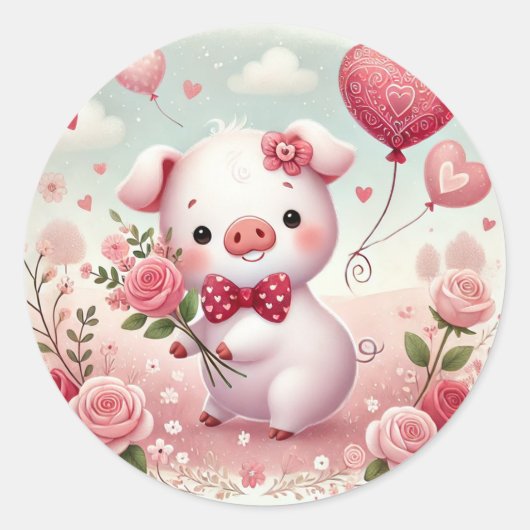 Whimsical Valentijnse PIg Ronde Sticker (Voorkant)