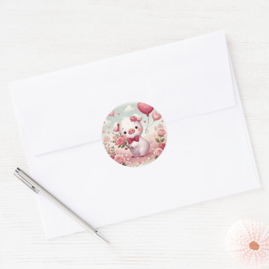 Whimsical Valentijnse PIg Ronde Sticker (Envelop)