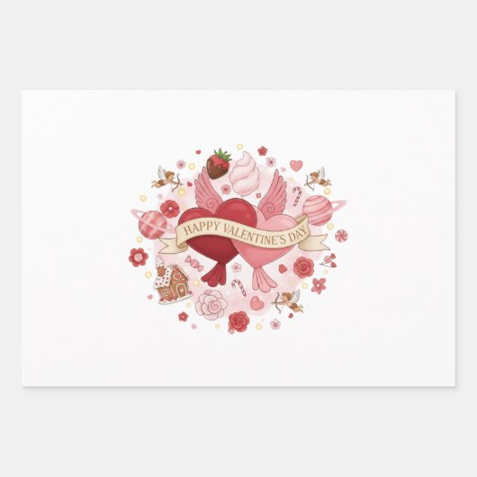 "Whimsical Valentine" Mixed Illustration Wrapping Inpakpapier Vel (Voorkant)