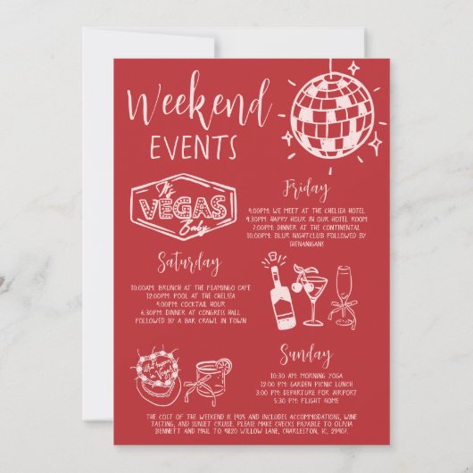 Whimsical Vegas Bachelorette Weekendprogramma Kaart (Achterkant)