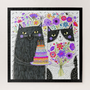 Whimsical Verjaardag Kat Bloemen Boeket Legpuzzel