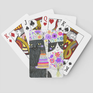 Whimsical Verjaardag Kat Bloemen Boeket Pokerkaarten