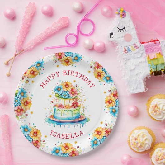 Whimsical verjaardagstaart illustratie gepersonali papieren bordje (Feest)