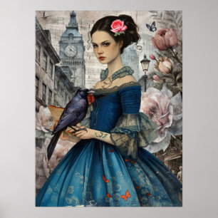 Whimsical Victoriaans Gothic Girl & Florals Londen Poster
