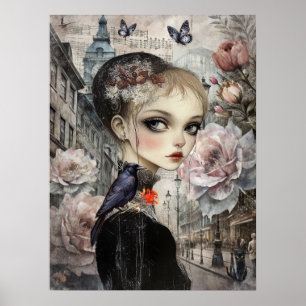 Whimsical Victoriaans Gothic Girl & Florals Londen Poster