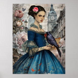 Whimsical Victoriaans Gothic Girl & Florals Londen Poster
