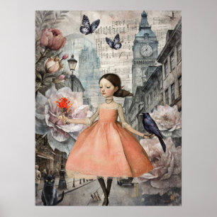 Whimsical Victoriaans Gothic Girl & Florals Londen Poster
