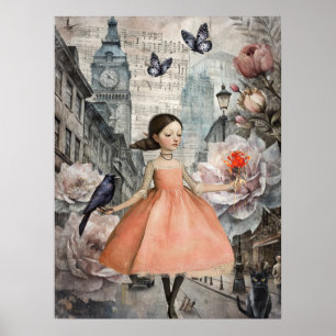 Whimsical Victoriaans Gothic Girl & Florals Londen Poster