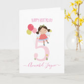 Whimsical Vijfde verjaardagsmeisjes schatje roze Kaart (Gele Bloem)