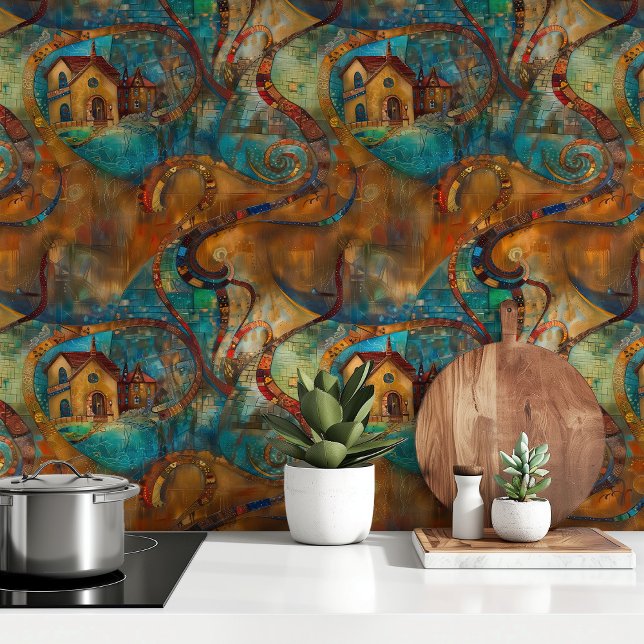 Whimsical Village: Abstracte artistieke peel & sti Behang (Creator heeft geüpload)