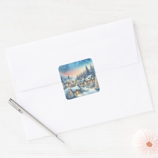 Whimsical Village Kerstmis Vierkante Sticker (Envelop)