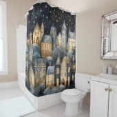 Whimsical Village Starry Skies Navy Gold Douchegordijn (In situ)
