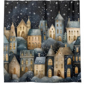 Whimsical Village Starry Skies Navy Gold Douchegordijn (Voorkant)