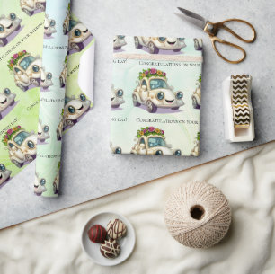 Whimsical Vintage Car Wedding Gefeliciteerd Cadeaupapier