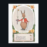 Whimsical Vintage Easter Bunny Briefkaart<br><div class="desc">Kute en griezelige  Paspoortillustratie met paasbunny in bovenste jas en stropdas met paaslans met gele bloemrand en een paasgriet.</div>