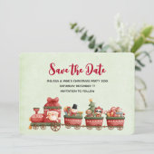 Whimsical Vintage-kersttrein met speelgoed Save The Date (Staand voorkant)