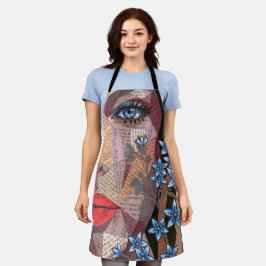 Whimsical Vintage Kranten Collage Vrouwenportret Schort