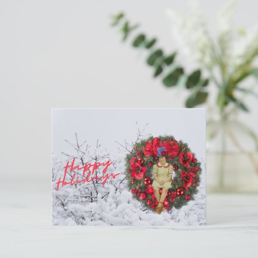 Whimsical Vintage Meisje Kerstvakantie  Feestdagenkaart (Staand voorkant)