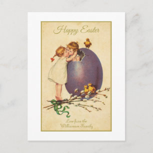 Whimsical Vintage Paasei Boy Girl Scene Feestdagenkaart