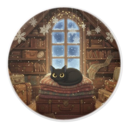 Whimsical Vintage Zolder Zwarte Kat Keramische Knop (Voorkant)
