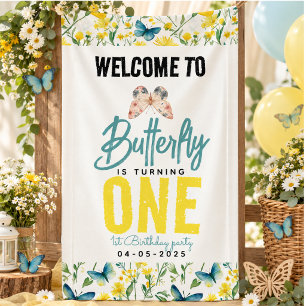 Whimsical Vlinder Bloem 1e Verjaardag Spandoek