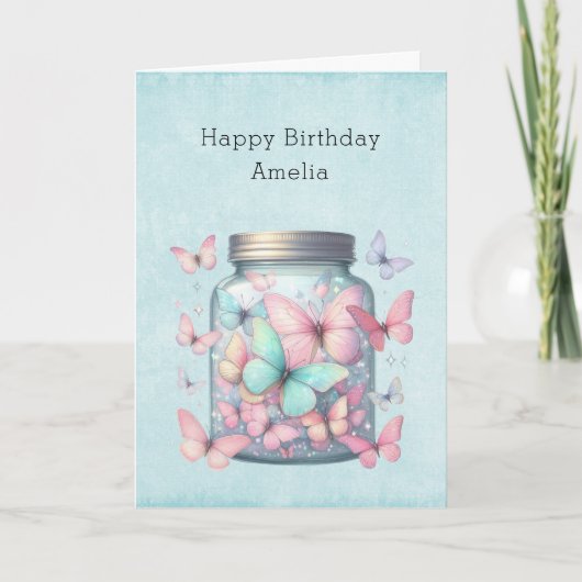 Whimsical Vlinders in een Pot Verjaardag Kaart (Voorkant)