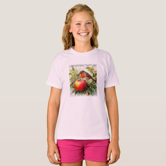 Whimsical Vogel & Appel Delight T-shirt (Voorkant volledig)