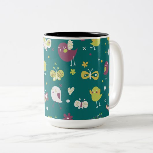 Whimsical Vogels en Vlinders Tweekleurige Koffiemok (Voorkant rechts)