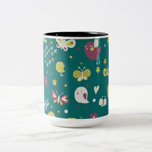 Whimsical Vogels en Vlinders Tweekleurige Koffiemok (Center)