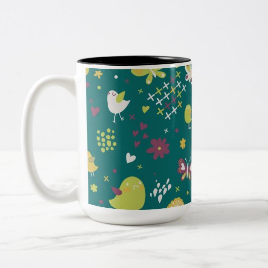 Whimsical Vogels en Vlinders Tweekleurige Koffiemok (Links)