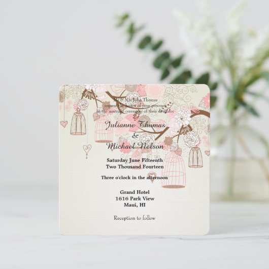 Whimsical Vogels en Vogelkooien Bloemen Huwelijk Kaart (Staand voorkant)