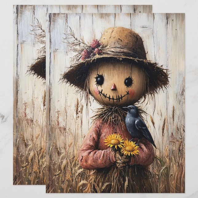 Whimsical Vogelverschrikker en Zonnebloemen Scrapb (Voorkant / Achterkant)