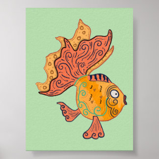 Whimsical Volkskunst Goudvis | Boho Wervelende Fan Poster