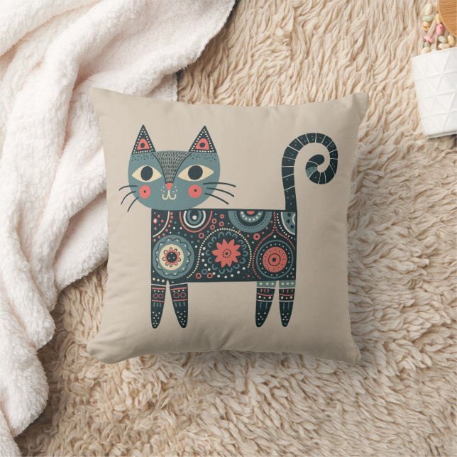 Whimsical Volkskunst Retro Boho Kat Beige  Kussen (Deken)