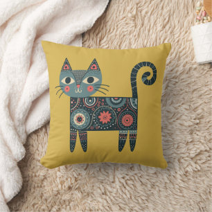 Whimsical Volkskunst Retro Boho Kat Mosterd Kussen