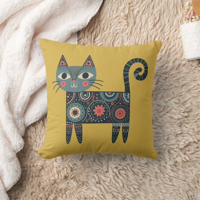 Whimsical Volkskunst Retro Boho Kat Mosterd Kussen (Deken)