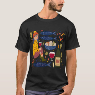 Whimsical volkskunst vrouw met rode wijn en sardin t-shirt