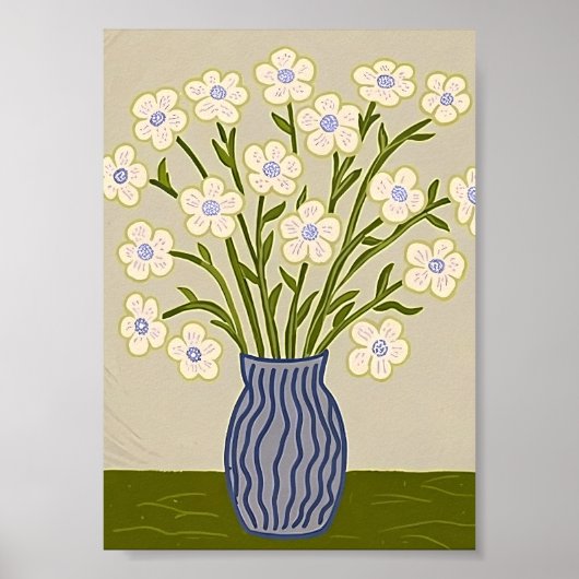 Whimsical Volkskunst Witte Bloem Illustratie Poster (Voorkant)