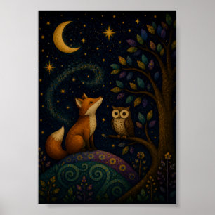 Whimsical Vos en Uil Onder Maneschijn,Bos Kunst Poster