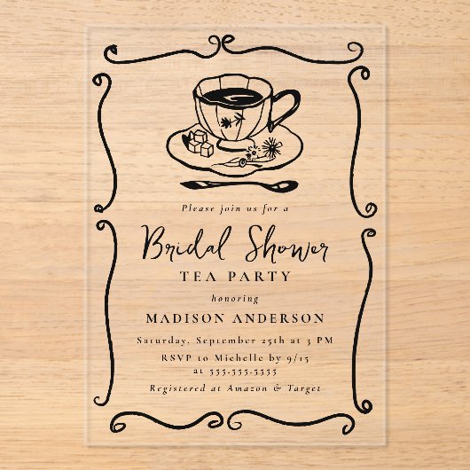 Whimsical  Vrijgezellenfeest Tea Party Acryl Uitnodigingen (Voorkant)