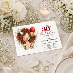 Whimsical Vrouw 30e Verjaardag Marsala Rode Feest Kaart