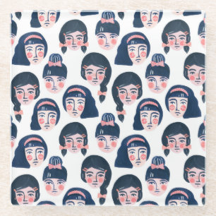 Whimsical Vrouwen: Cartoon Gezichtskunst Glazen Onderzetter