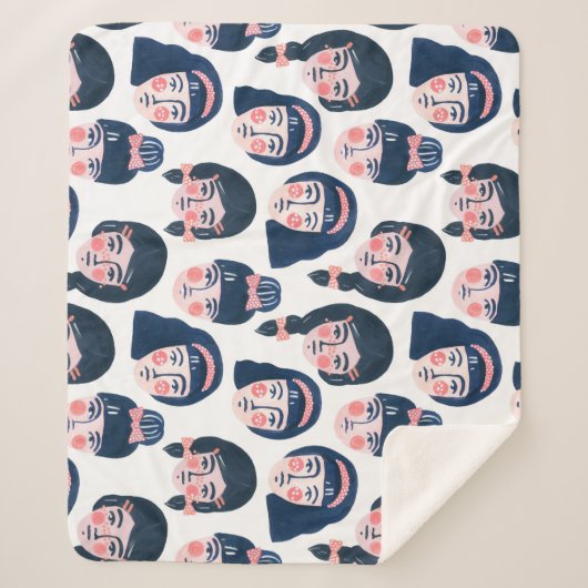 Whimsical Vrouwen: Cartoon Gezichtskunst Sherpa Deken (Voorkant)