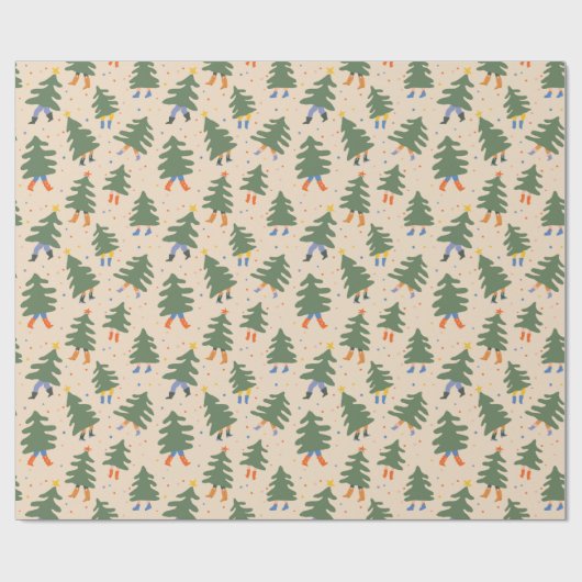 Whimsical Walking Christmas Trees Patroon Cadeaupapier (Vlak)